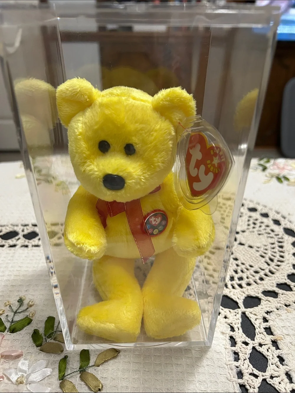 Ty Bright Yellow Beanie Bear with Red Ribbon
